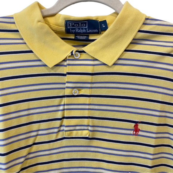 POLO RALPH LAUREN Men’s Shirt Yellow Blue Striped PIMA COTTON Short Sleeve LARGE - Picture 3 of 5